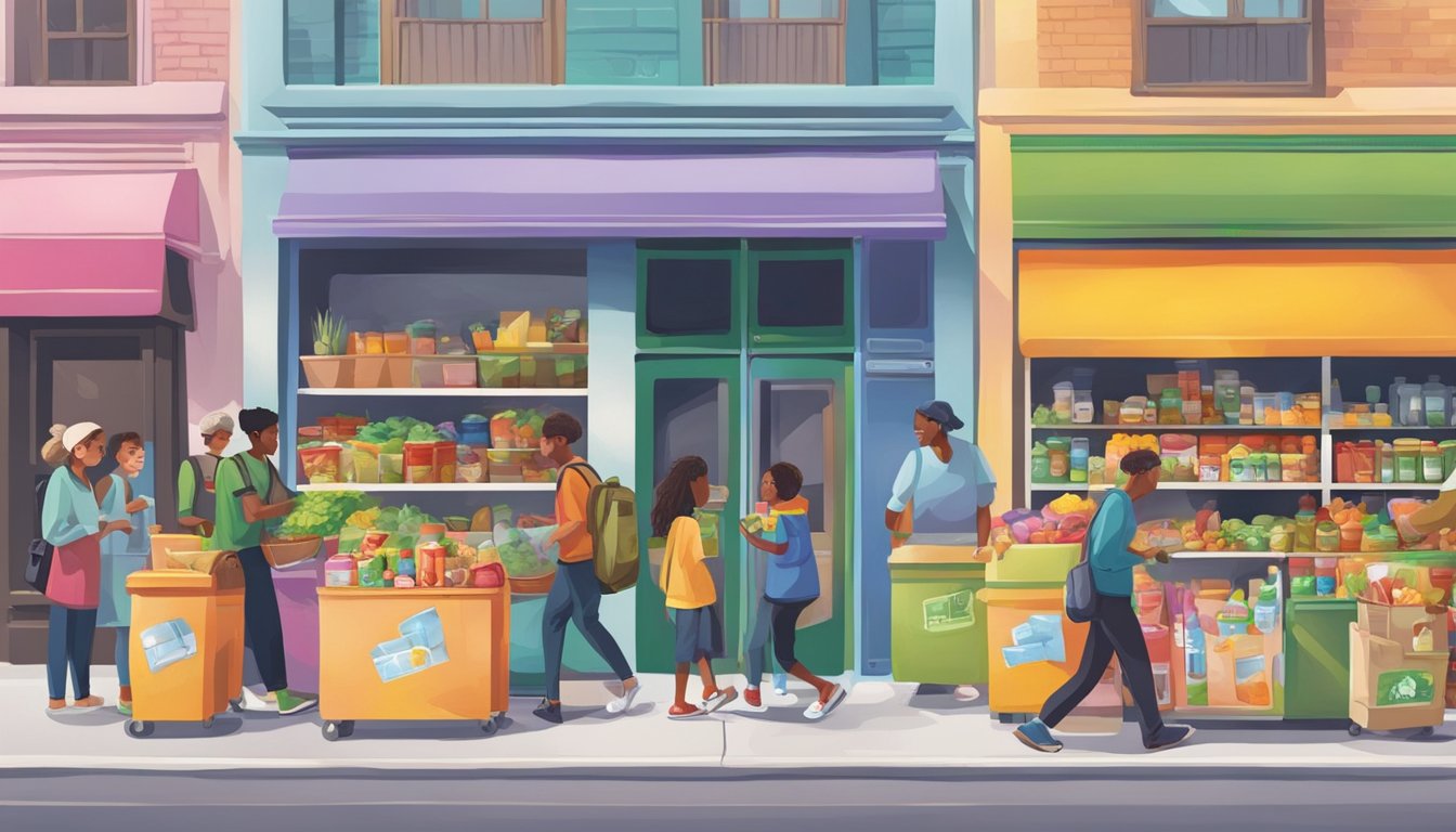 A bustling street corner with a colorful, decorated fridge filled with food donations. People of all ages and backgrounds come and go, taking what they need