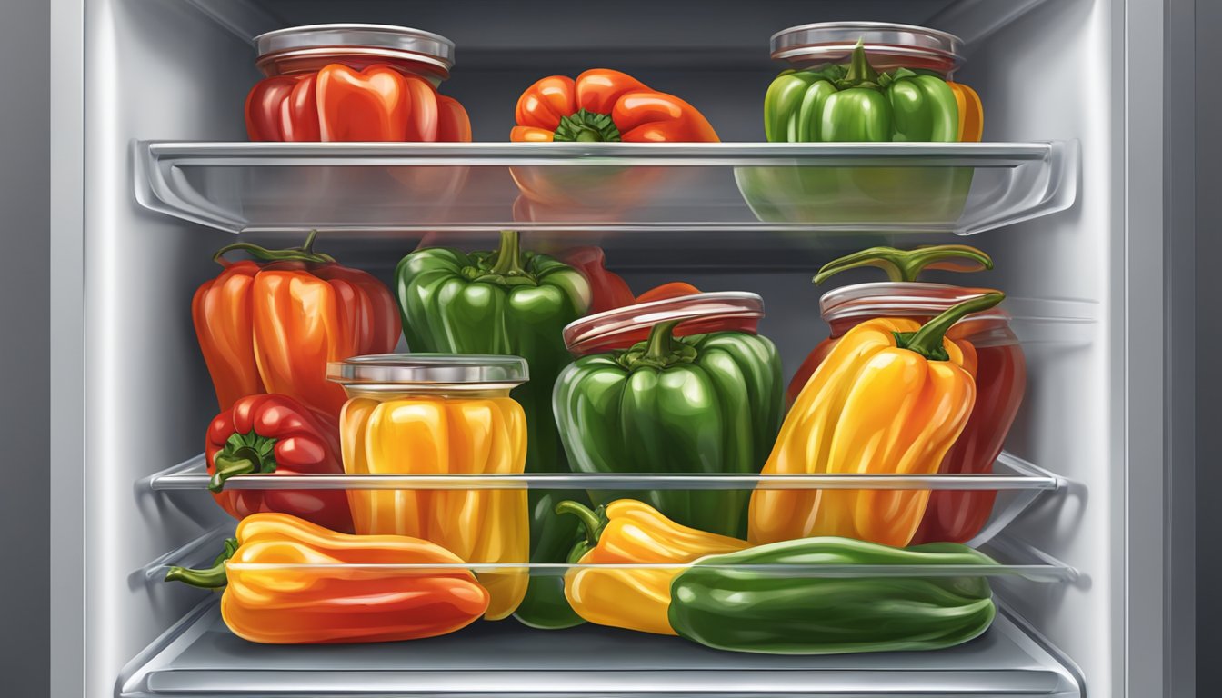 A glass container filled with grilled peppers, sealed with a lid, placed in a refrigerator