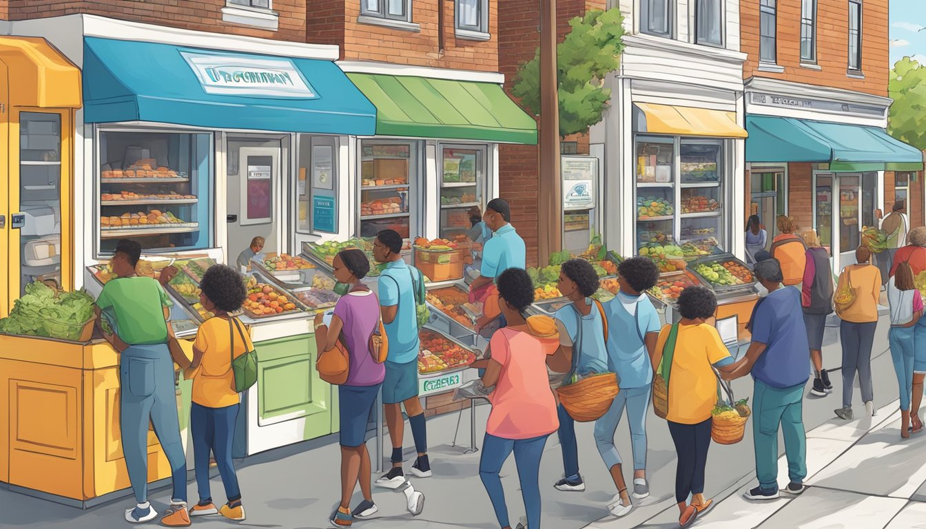 A bustling street with people adding food to a brightly colored community fridge in Hampton, VA