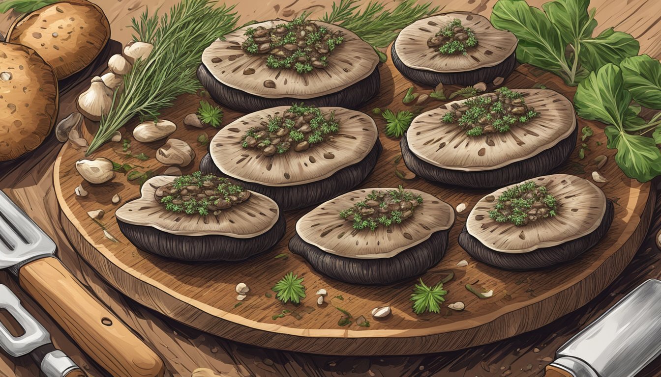 A sizzling portobello mushroom on a grill, adorned with grill marks and sprinkled with herbs, surrounded by a few other mushrooms on a cutting board