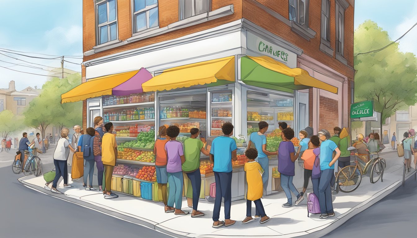 A bustling street corner with a colorful, well-stocked community fridge surrounded by eager volunteers and grateful recipients