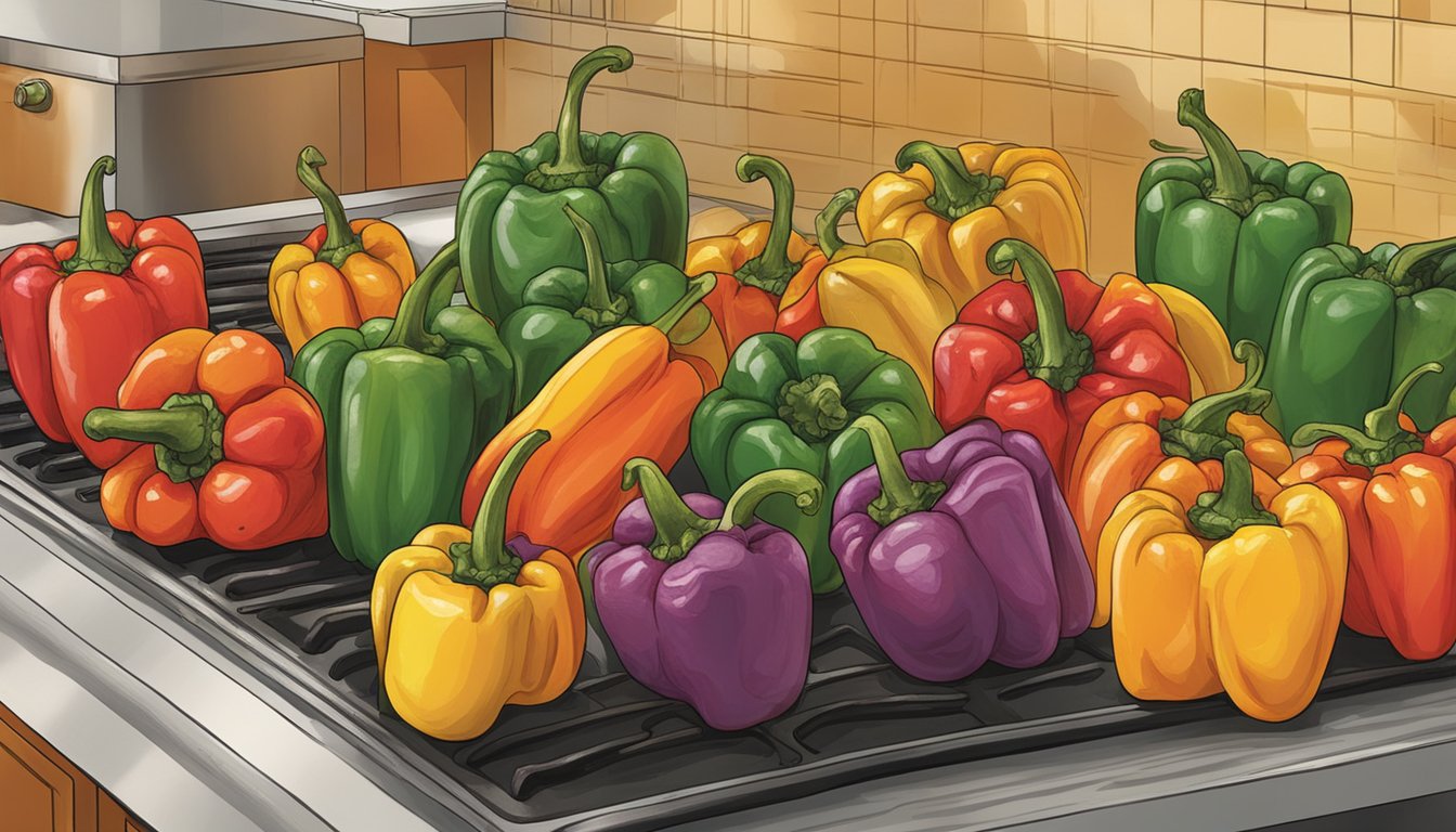 A colorful array of grilled peppers on a kitchen counter, some showing signs of spoilage with wilting and discoloration, while others appear fresh and vibrant