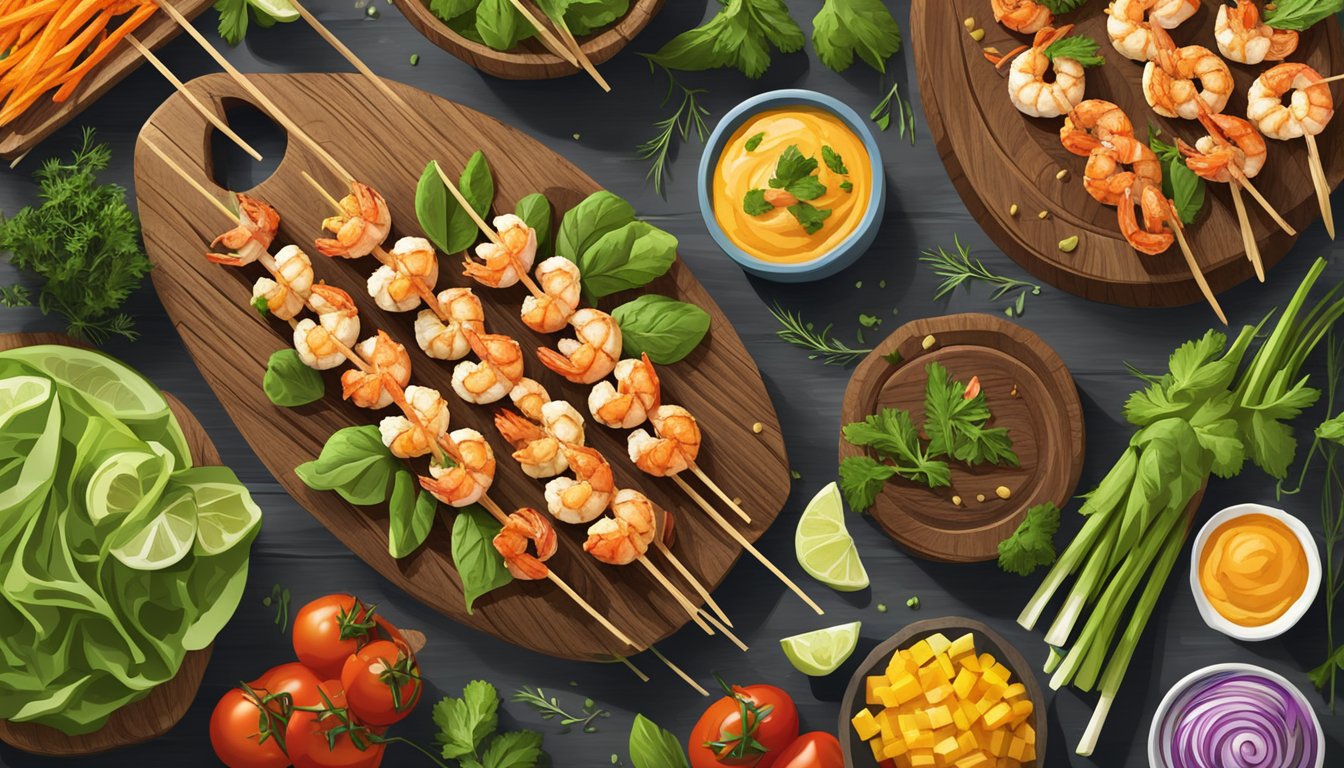 A colorful array of gluten-free grilled shrimp skewers arranged on a rustic wooden platter, surrounded by vibrant vegetables and herbs