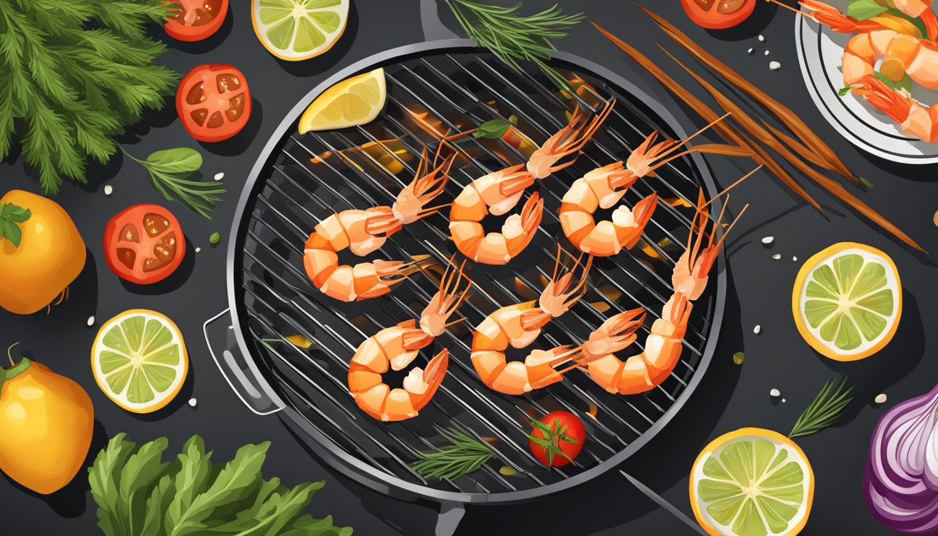 A grill with shrimp skewers cooking over the flames, surrounded by fresh ingredients and seasonings