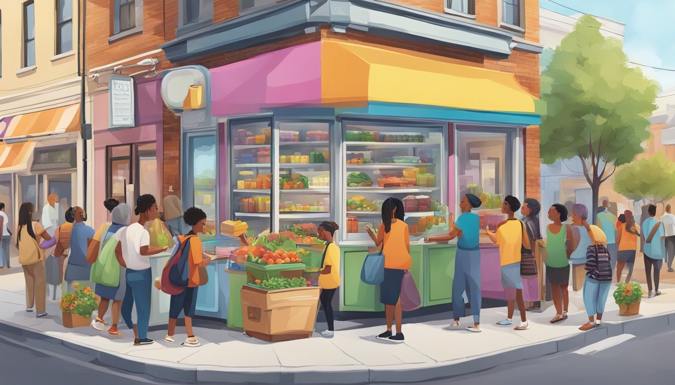 A bustling street corner with a colorful, decorated community fridge surrounded by people from diverse backgrounds contributing and taking food