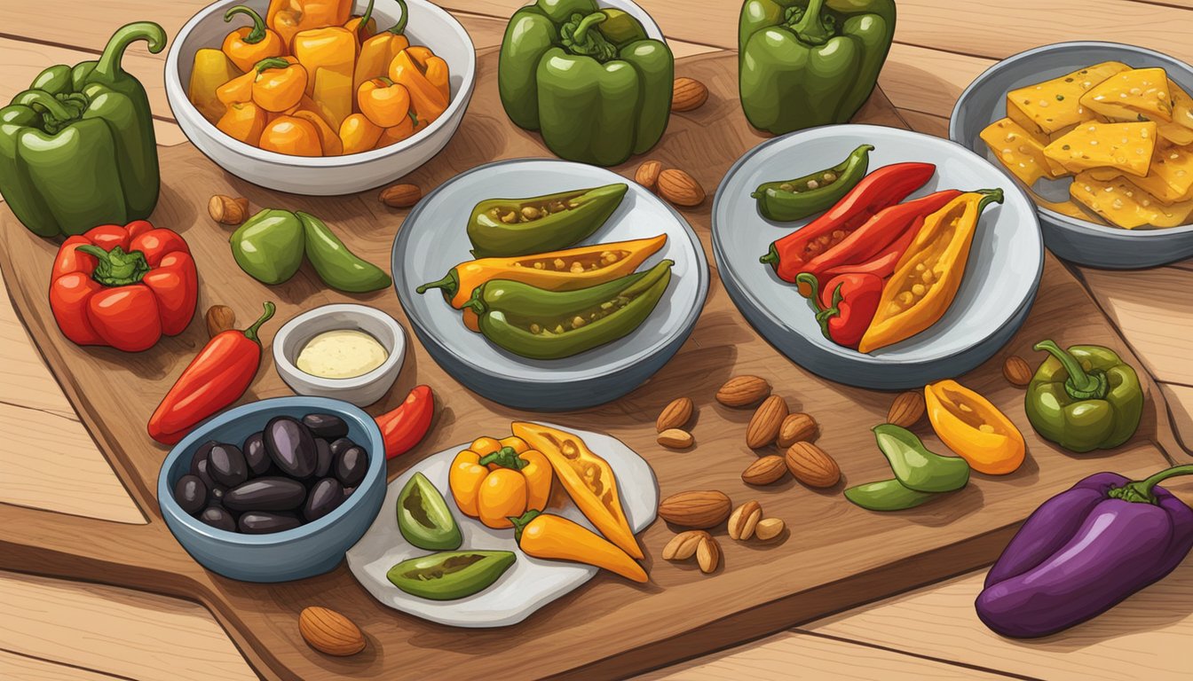 A colorful array of grilled peppers displayed on a wooden serving board, accompanied by various gluten-free pairing options like cheese, olives, and nuts