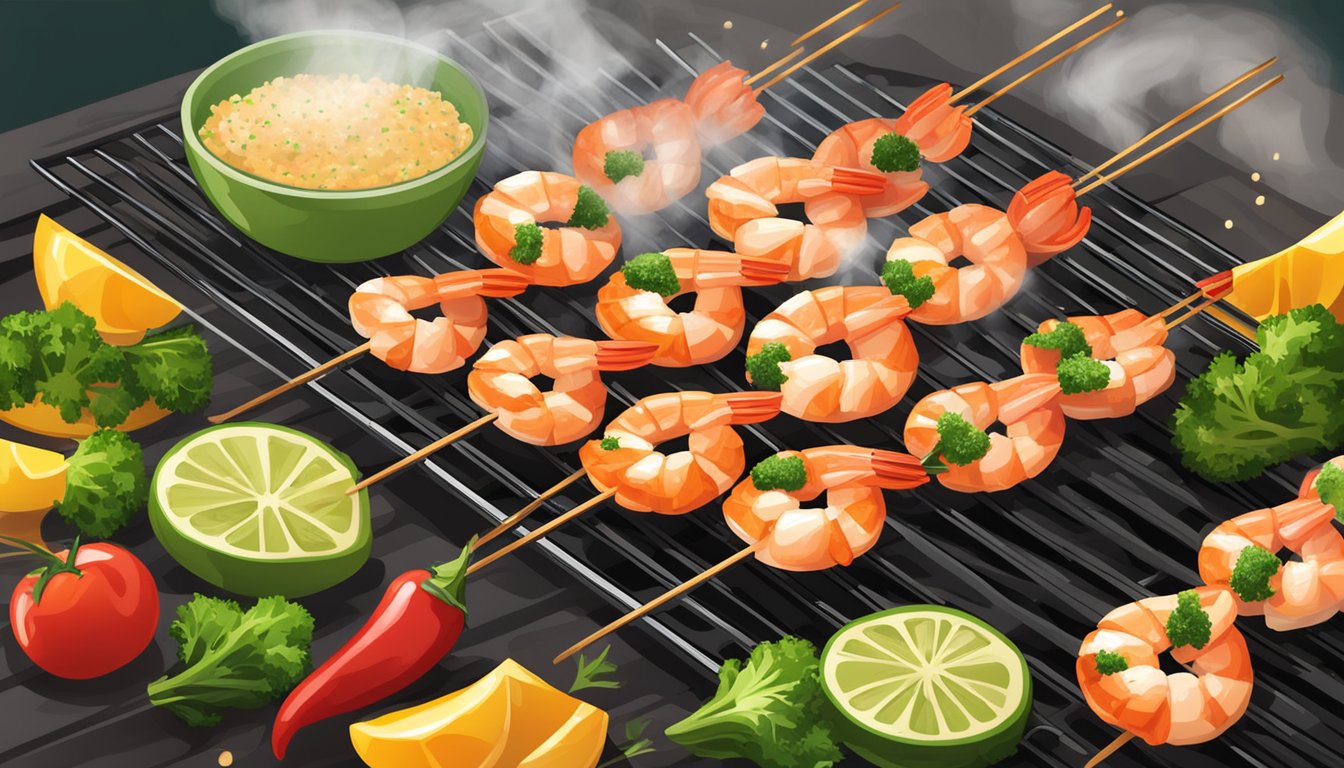 Gluten-free shrimp skewers grilling on a barbecue, smoke rising, with vibrant vegetables and seasoning on the skewers