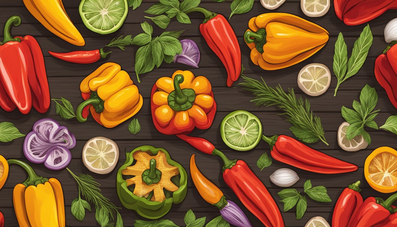 Vibrant grilled peppers arranged in a variety of patterns on a rustic wooden cutting board, surrounded by fresh herbs and spices