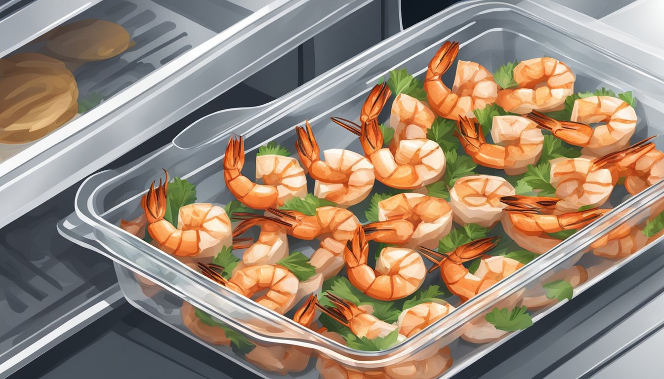 A plate of grilled shrimp skewers stored in an airtight container in the refrigerator