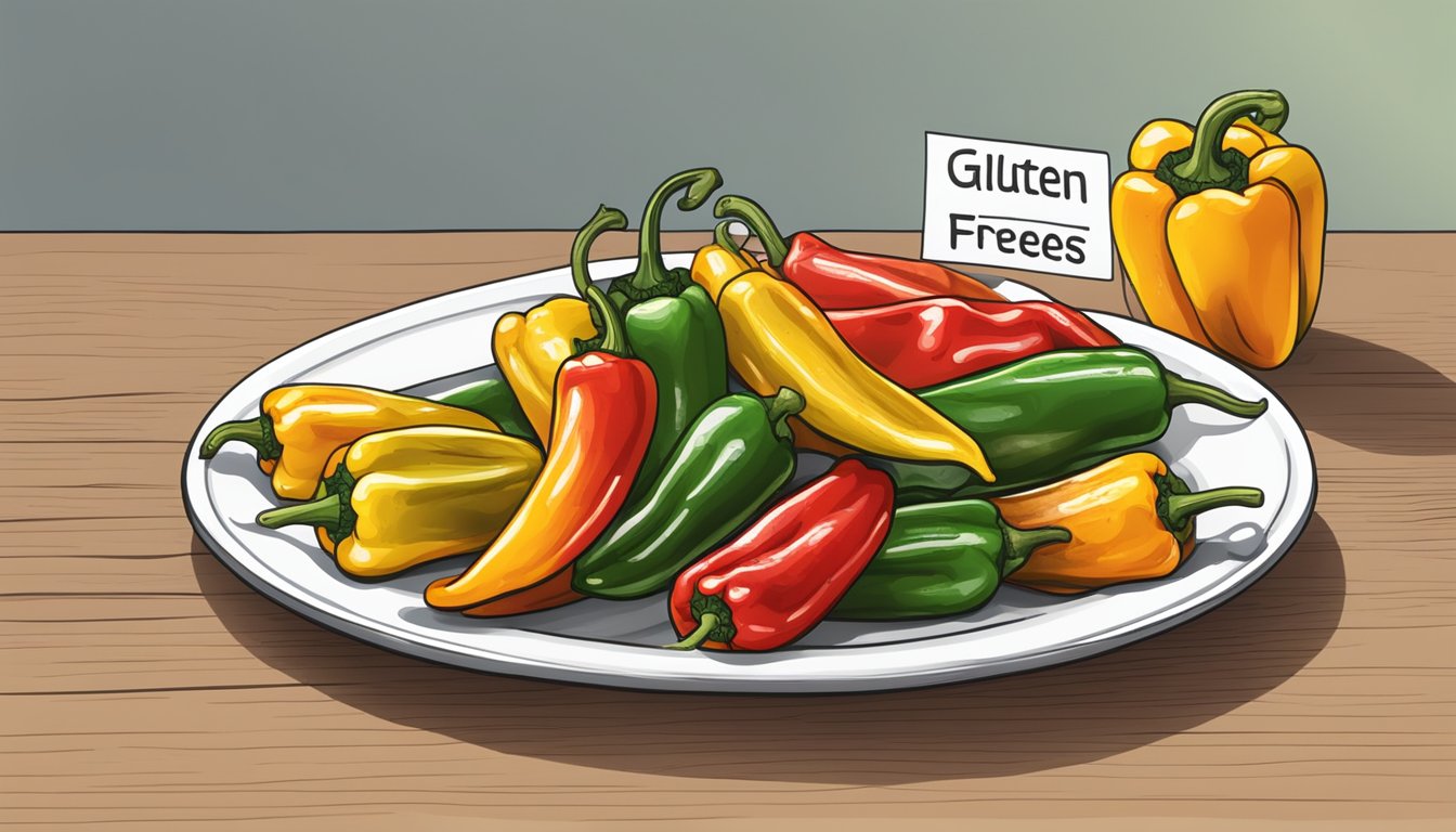 A plate of grilled peppers with a "gluten-free" label and a visible expiration date