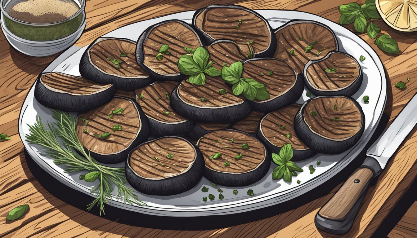 A platter of grilled portobello mushrooms with herbs, resting on a wooden cutting board with a knife and a sprinkle of salt