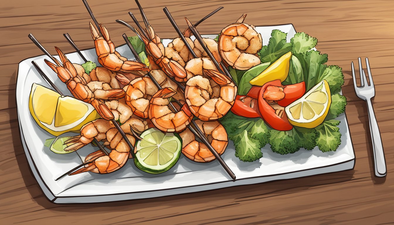 Gluten-free grilled shrimp skewers on a wooden serving platter with fresh lemon wedges and a side of colorful mixed vegetables