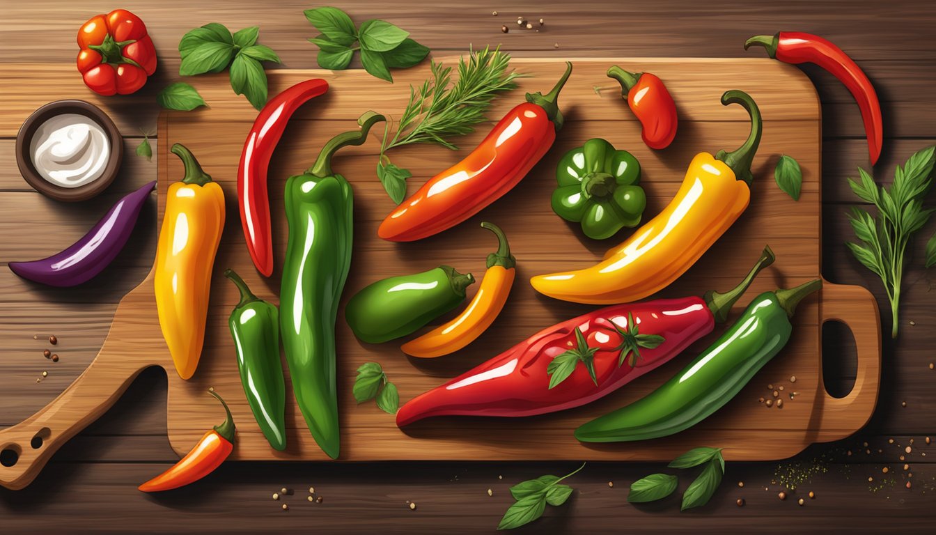 A colorful array of grilled peppers, arranged on a rustic wooden cutting board, surrounded by fresh herbs and spices