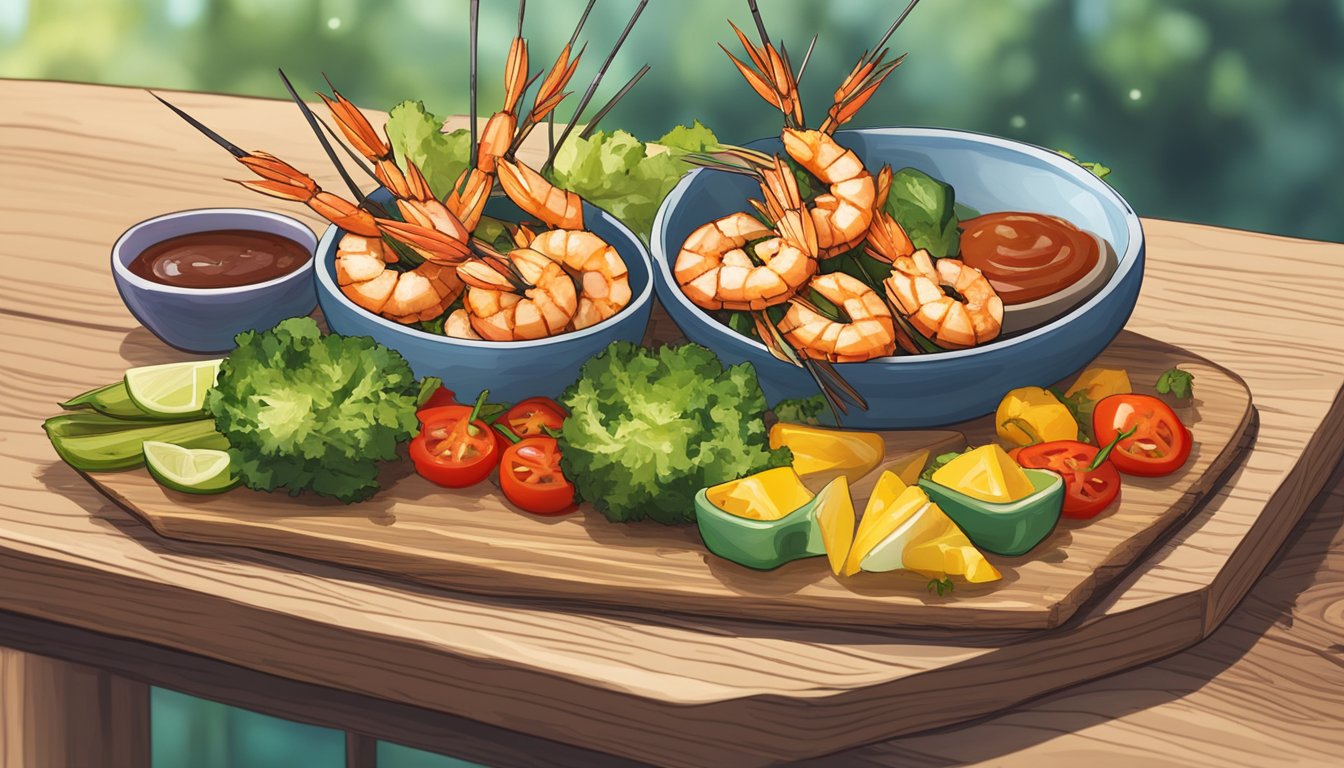 A plate of gluten-free grilled shrimp skewers with a variety of colorful vegetables, placed on a wooden cutting board, with a small bowl of dipping sauce on the side