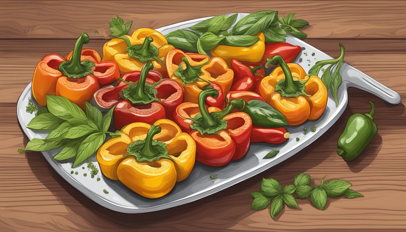 A plate of grilled peppers sitting on a wooden cutting board with some herbs sprinkled on top