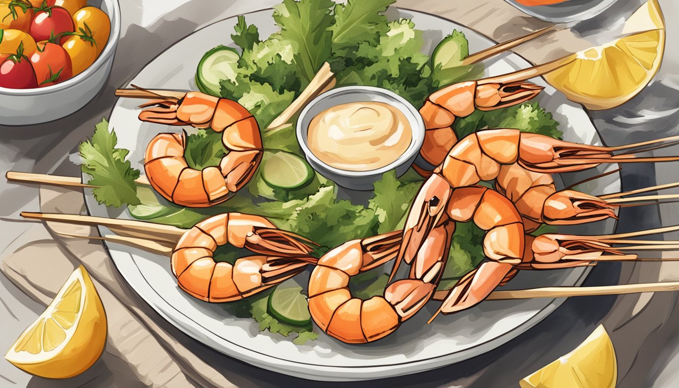 A plate of grilled shrimp skewers surrounded by fresh ingredients, with a clear expiration date label