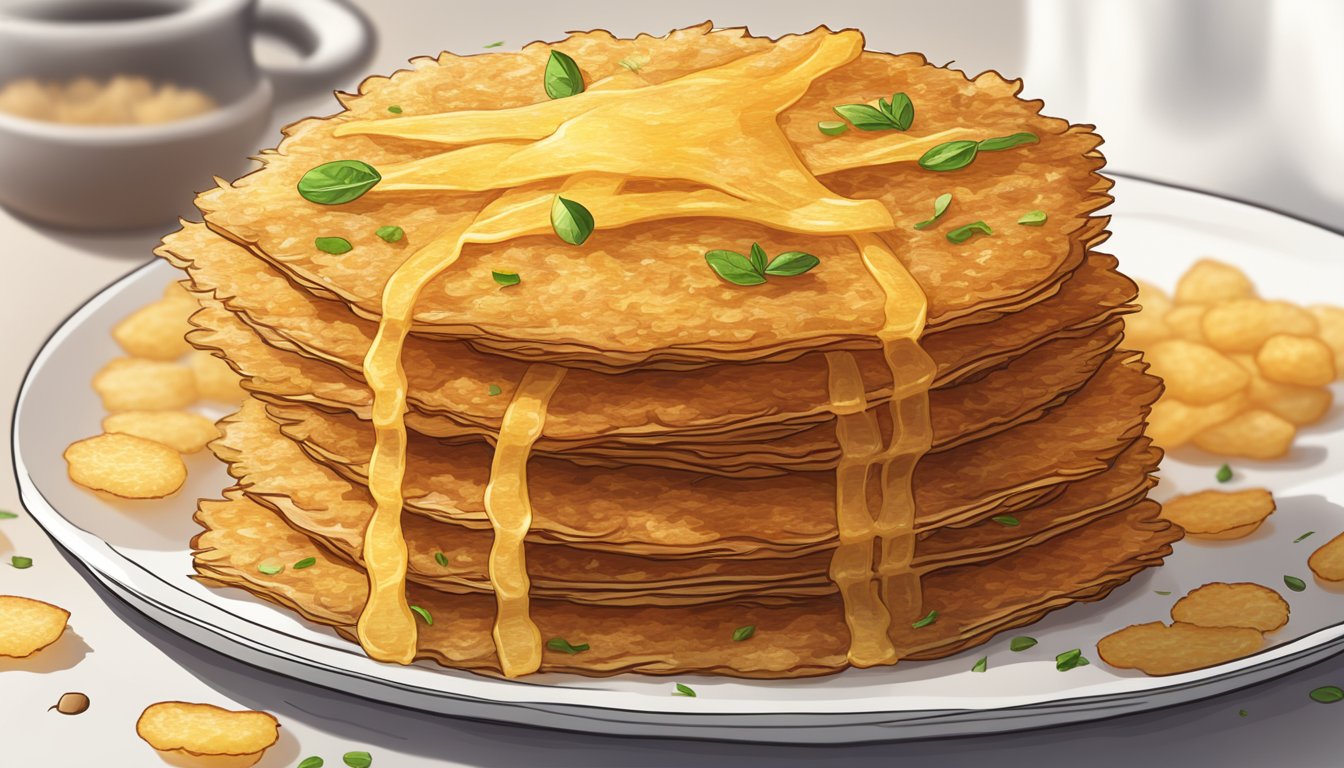 A stack of golden-brown gluten-free hash browns sits on a white plate, steam rising from their crispy edges