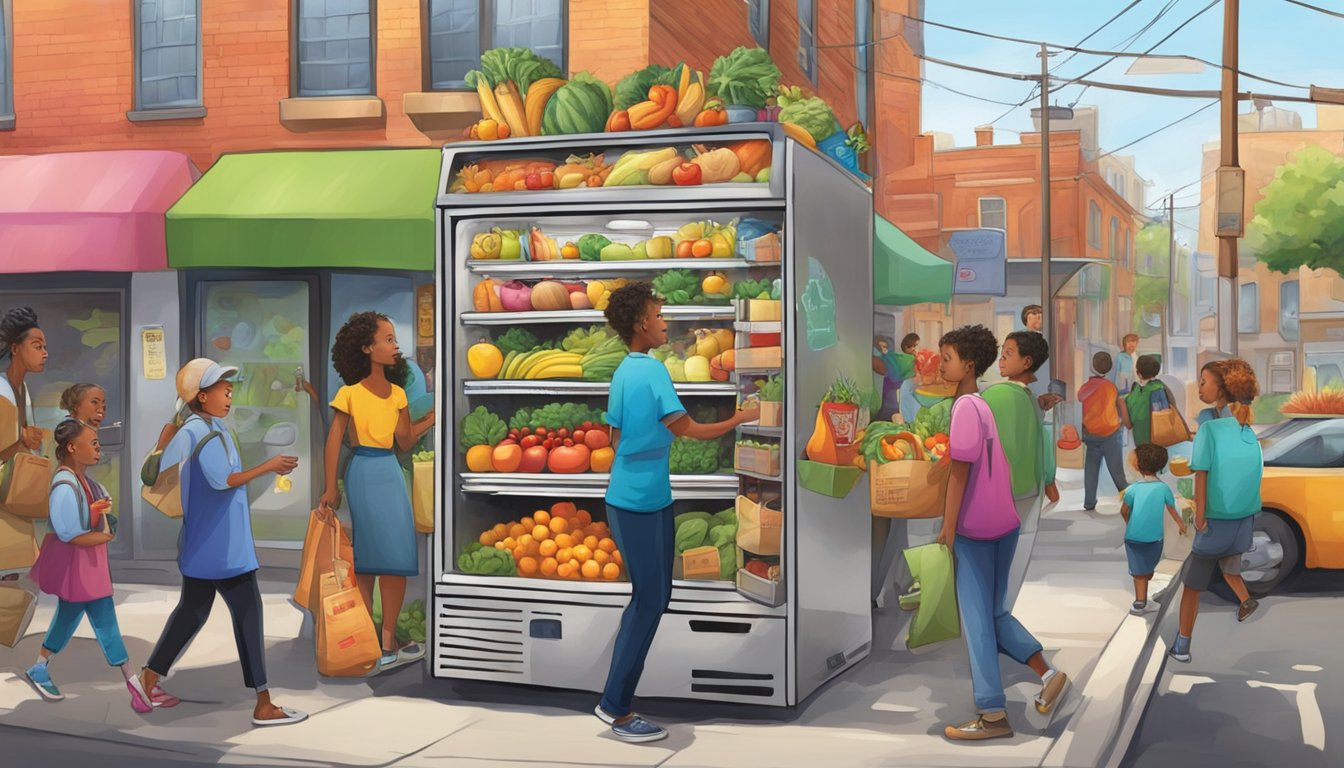 A bustling street corner with a colorful, graffiti-covered refrigerator filled with fresh produce and pantry items. People of all ages and backgrounds come and go, exchanging goods and smiles