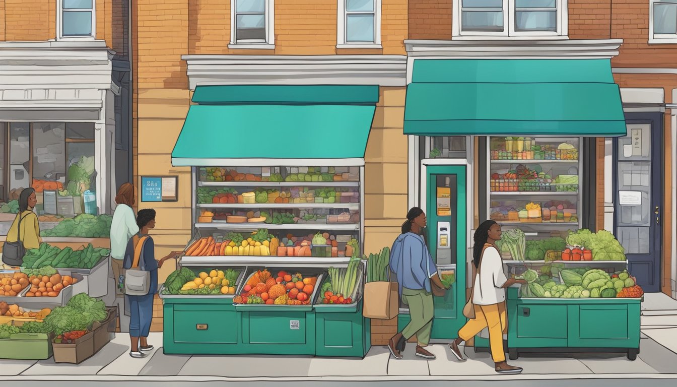 A bustling street in Richmond, VA with a colorful local community fridge filled with fresh produce and food items, open for public access