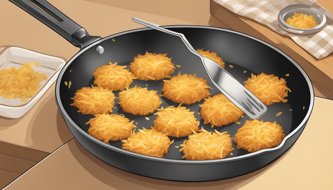 A chef prepares gluten-free hash browns, using a non-stick skillet, flipping them with a spatula until golden brown