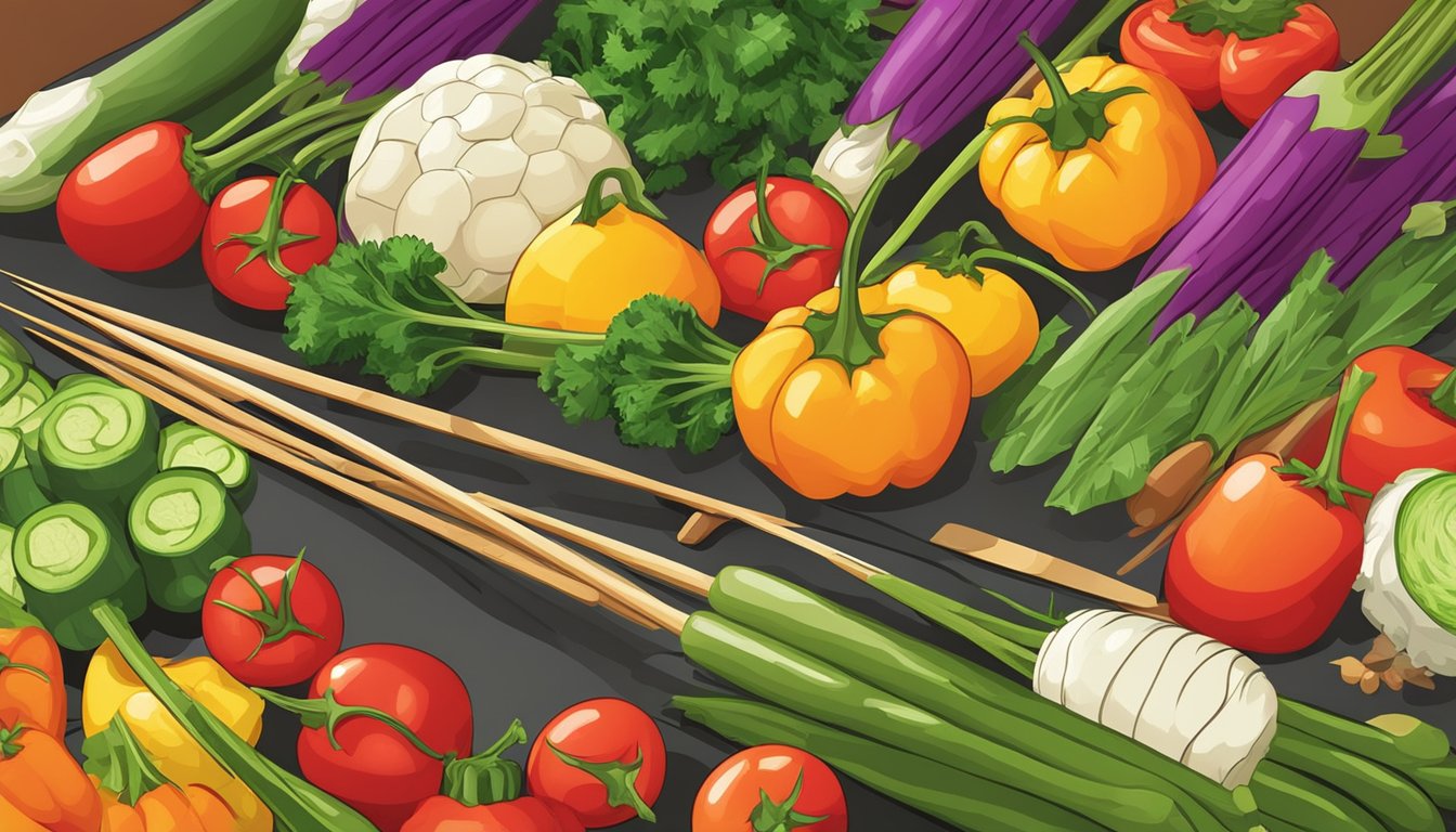 A colorful array of fresh vegetables being carefully selected and arranged on skewers, ready to be grilled over an open flame