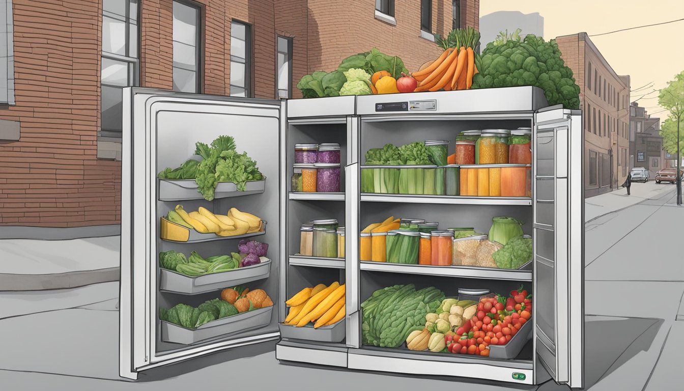 A community fridge in Richmond, VA filled with fresh produce, canned goods, and other non-perishable items