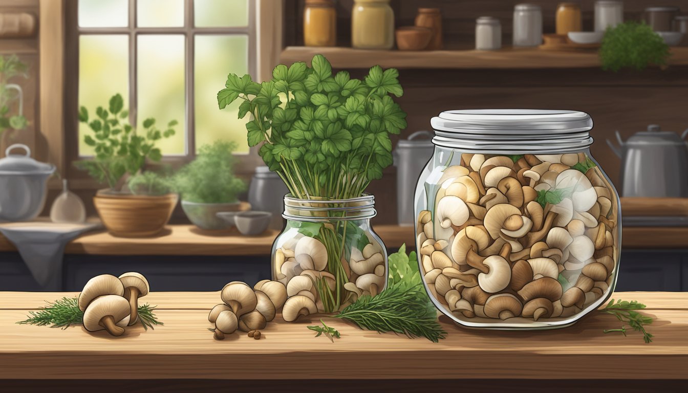 A jar of marinated mushrooms sits on a rustic wooden table, surrounded by fresh herbs and spices. The label proudly displays the words "gluten-free" as sunlight streams in through a nearby window