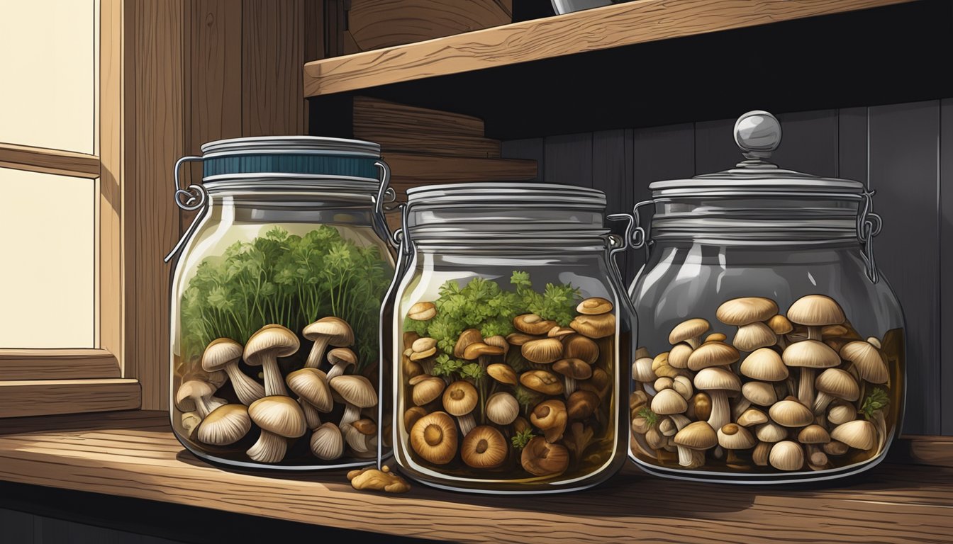 A glass jar filled with marinated mushrooms sits on a wooden shelf in a cool, dark pantry. The mushrooms are submerged in a mixture of oil, vinegar, and herbs, sealed with a lid to maintain freshness