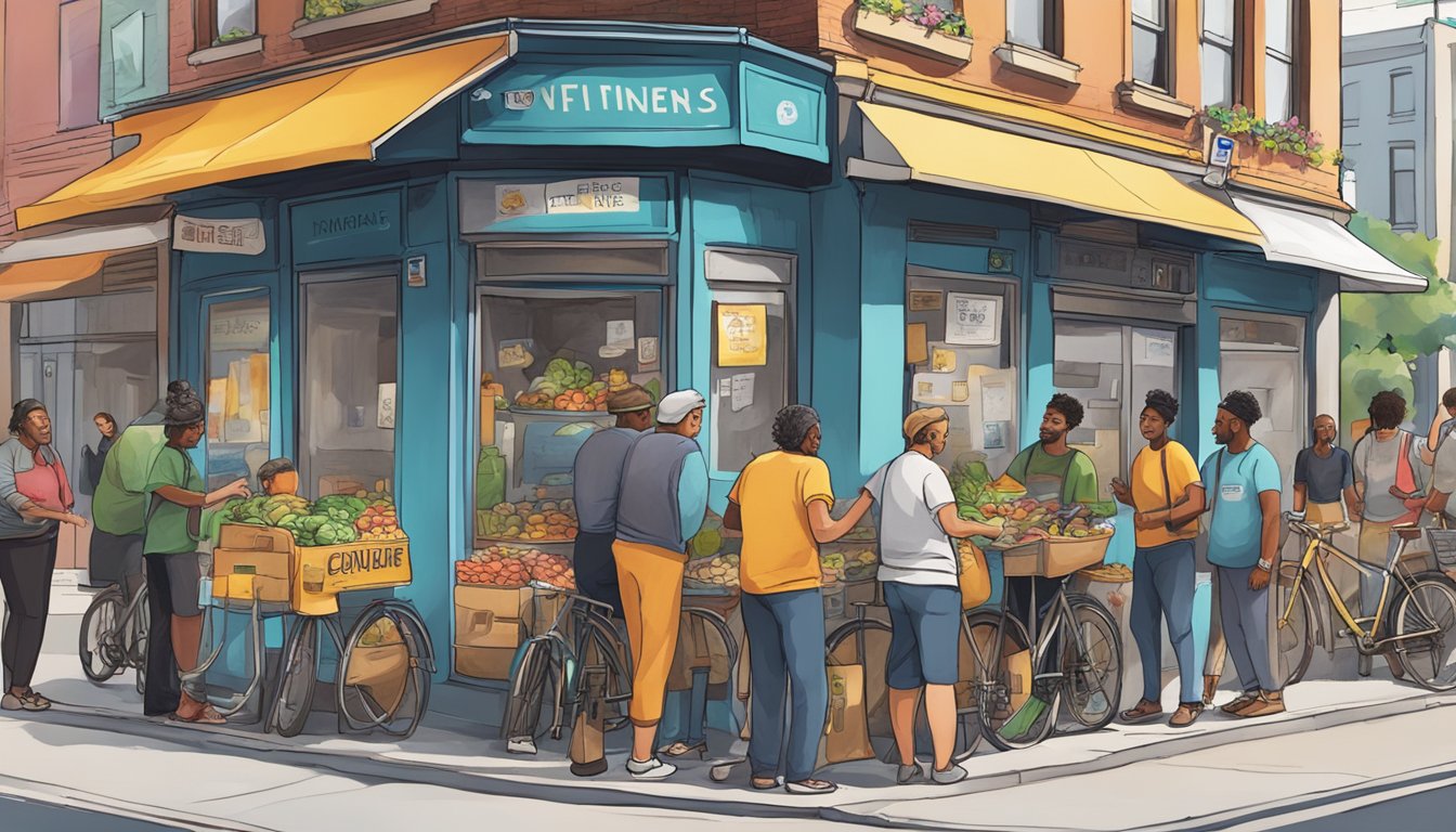 A bustling street corner with a brightly painted community fridge surrounded by volunteers and locals exchanging food and support