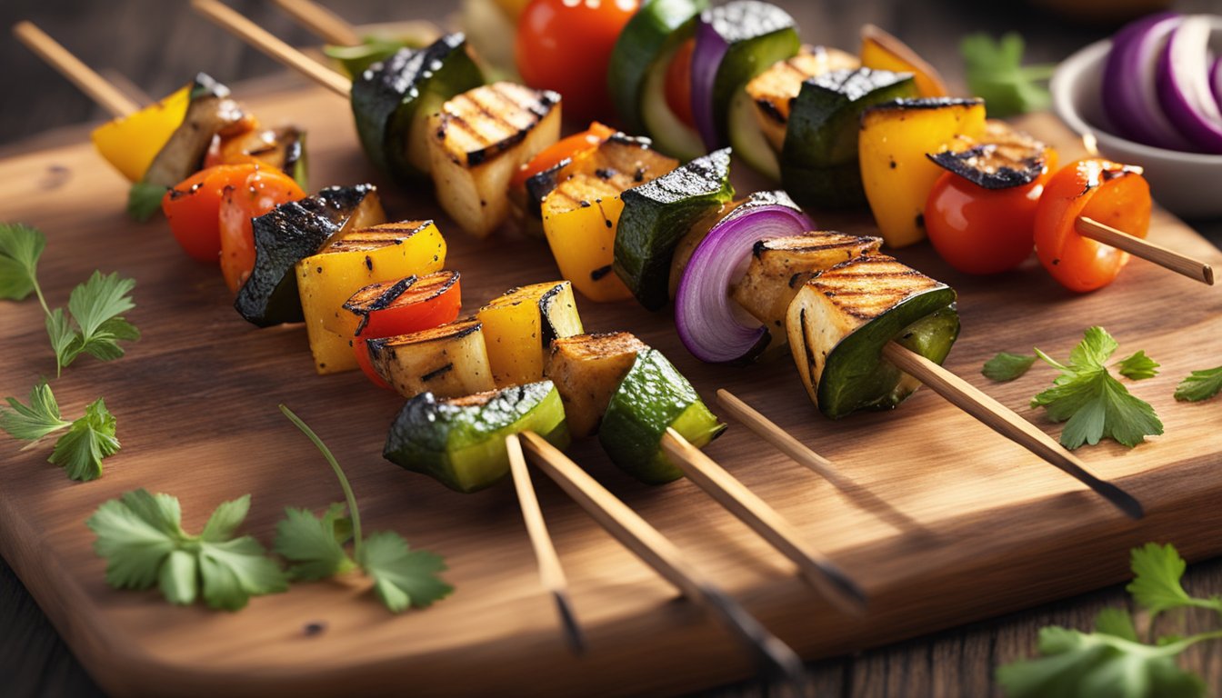 A colorful array of grilled vegetable skewers arranged on a rustic wooden cutting board, with wisps of smoke rising from the charred edges