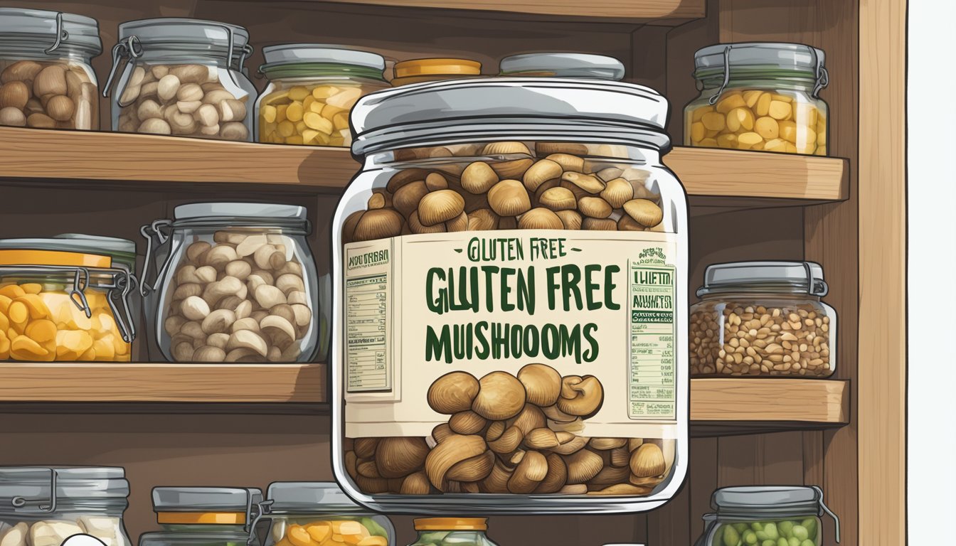 A jar of gluten-free marinated mushrooms sits on a shelf, surrounded by other preserved foods. The label indicates the date of production