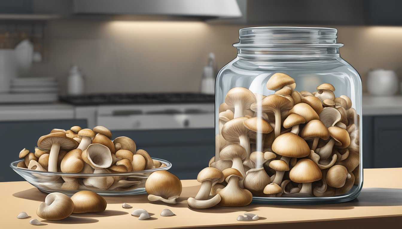 A jar of marinated mushrooms sits on a kitchen counter, the liquid cloudy with spoilage. The mushrooms appear discolored and mushy, with a pungent odor emanating from the jar