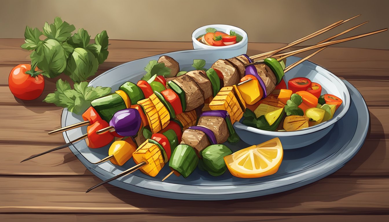 A platter of gluten-free grilled vegetable skewers, adorned with colorful and aromatic vegetables, sits on a rustic wooden table, ready to be served and enjoyed