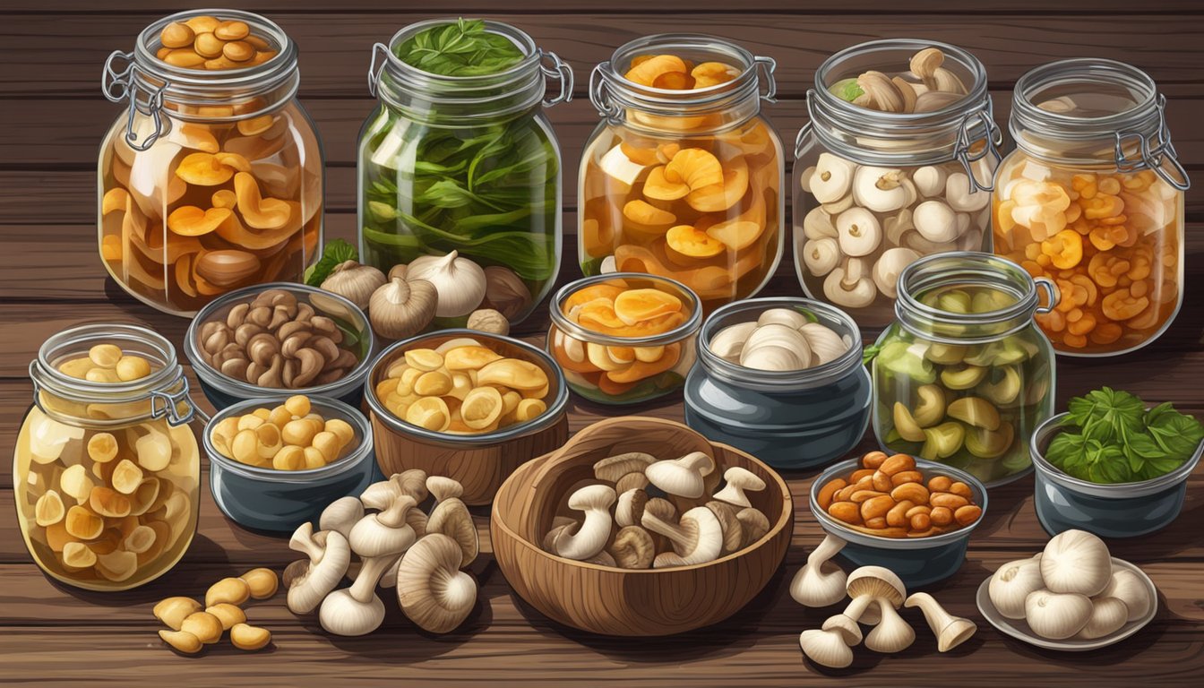 A colorful array of marinated mushrooms sits in glass jars on a rustic wooden table, surrounded by various ingredients representing different diets