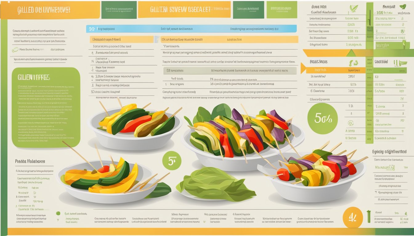 A plate of gluten-free grilled vegetable skewers with a nutritional information label and a diet compatibility chart