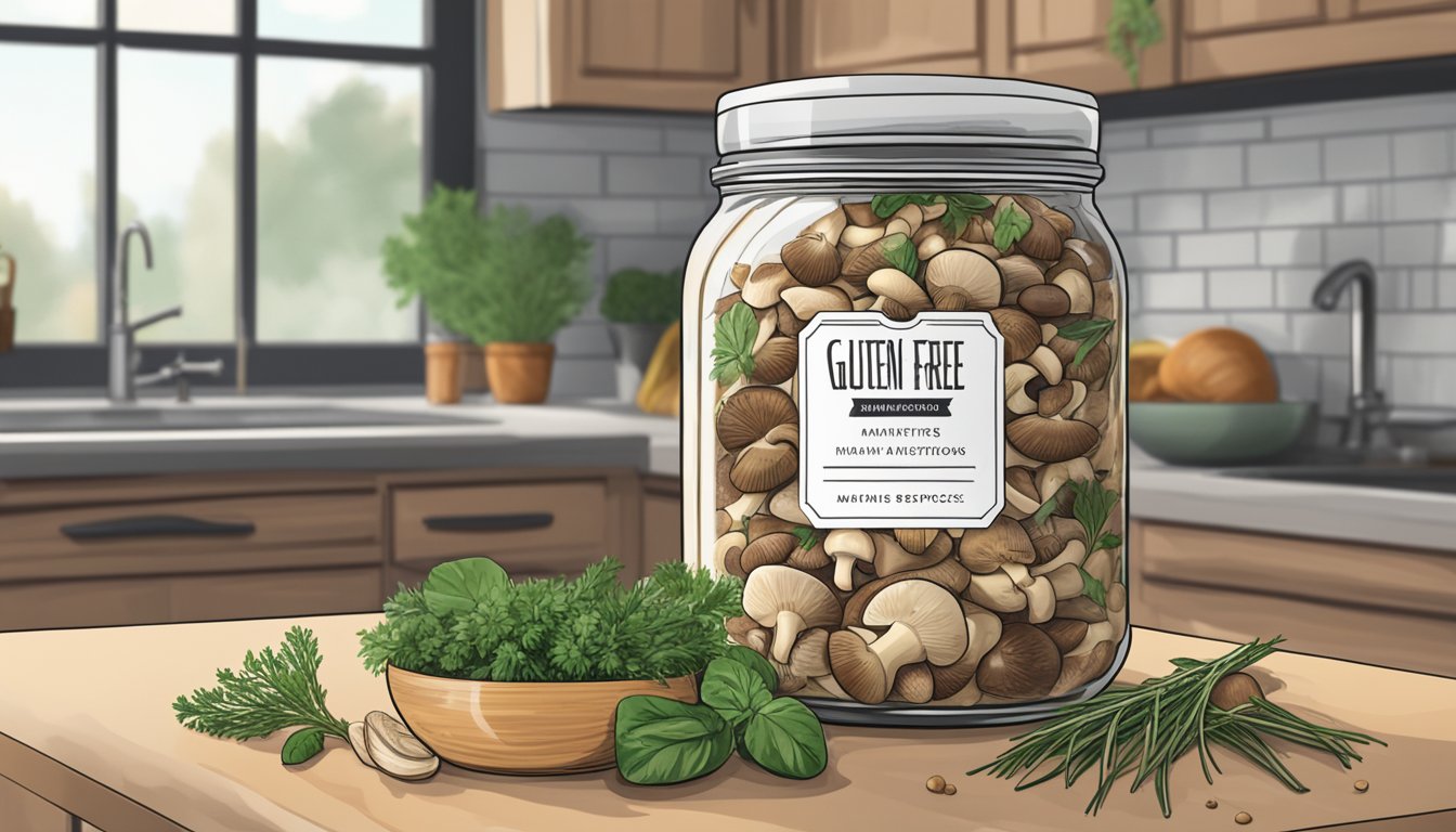 A jar of gluten-free marinated mushrooms sits on a kitchen counter, surrounded by fresh herbs and spices. The label indicates the expiration date