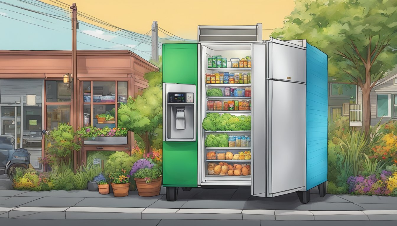 A colorful community fridge surrounded by diverse buildings and greenery in Everett, WA