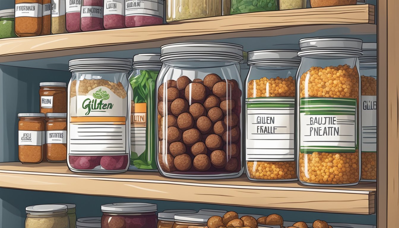 A pantry shelf with a jar of gluten-free meatballs, labeled with expiration date