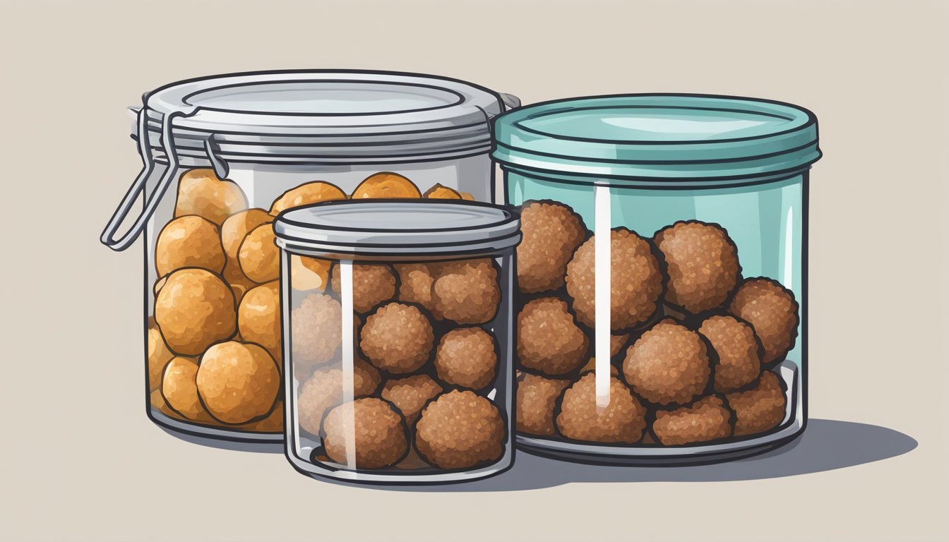 A pantry shelf with gluten-free meatballs in a sealed container, surrounded by other non-perishable items