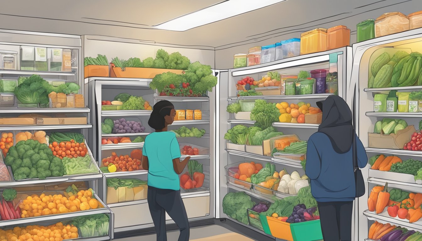 A colorful local community fridge in Everett, WA, filled with fresh produce and food items, surrounded by a diverse group of people accessing it