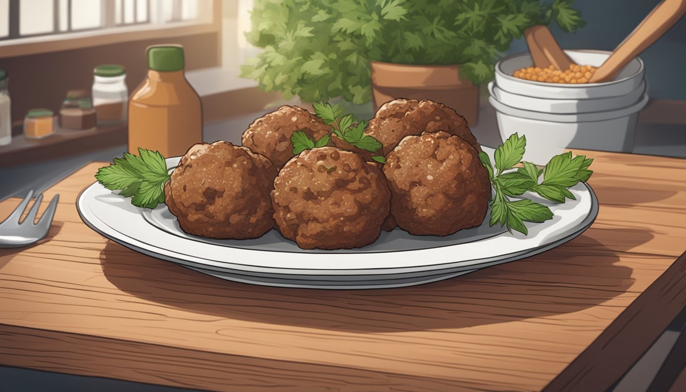 A plate of gluten-free meatballs sits on a wooden table, surrounded by fresh herbs and spices. A calendar on the wall shows the current date