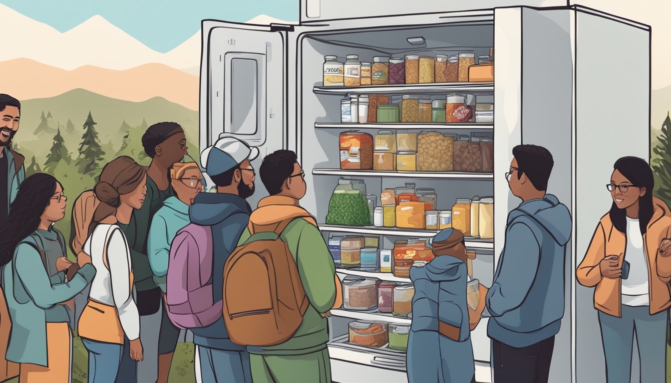 A diverse group of people from the Everett, WA community are gathered around a community fridge, stocking it with food and supplies