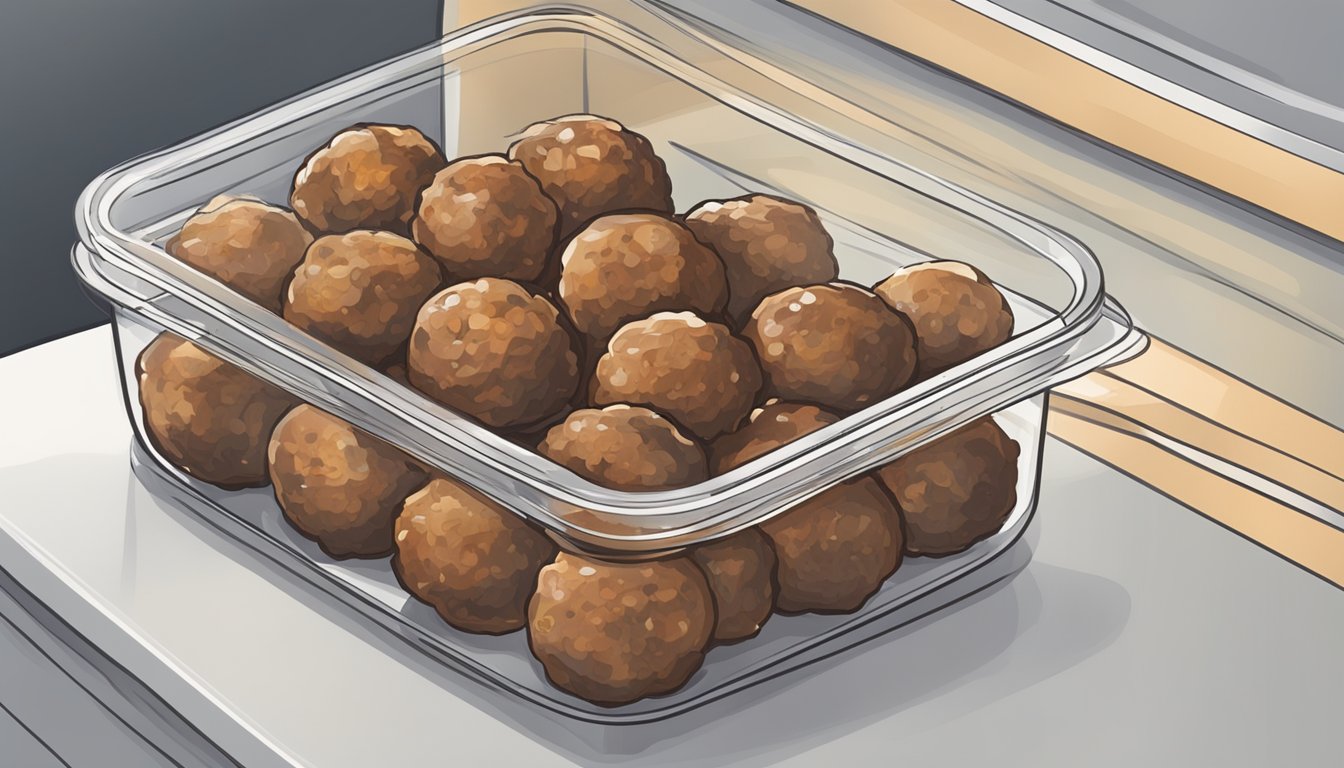 Gluten-free meatballs in a sealed container, labeled with the date, sitting in a refrigerator