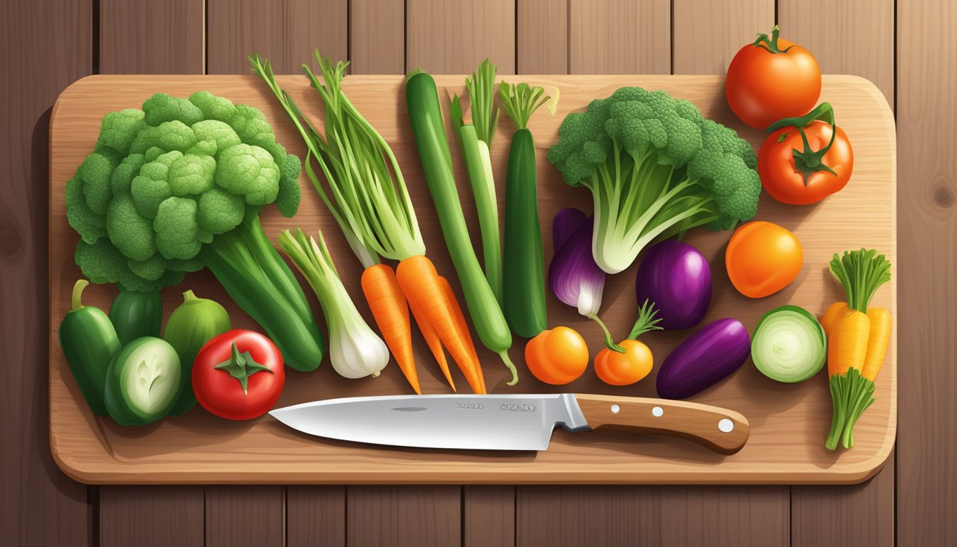 A colorful array of fresh vegetables arranged on a wooden cutting board, with a knife nearby