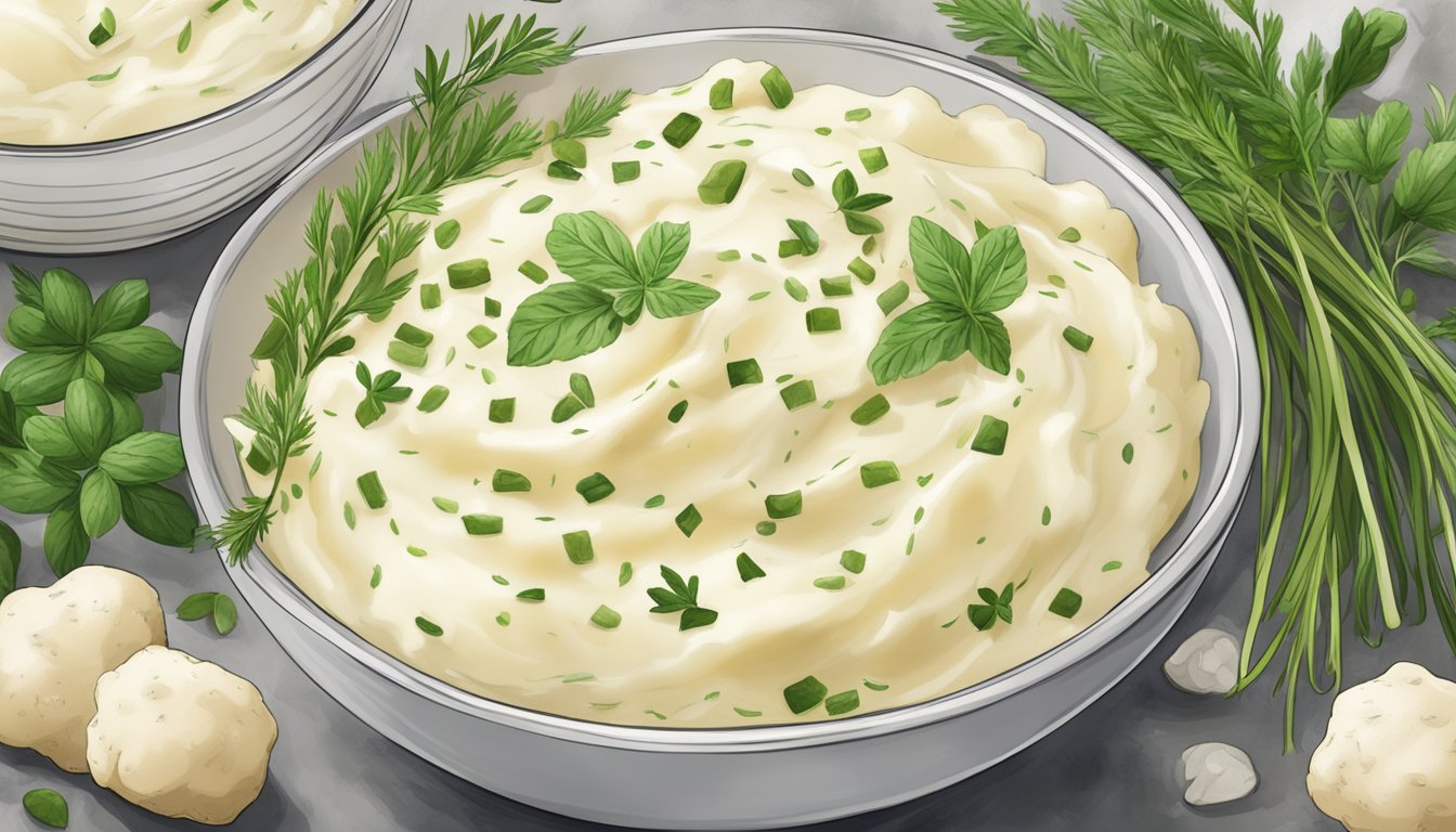 A bowl of creamy mashed potatoes surrounded by fresh herbs and a gluten-free label