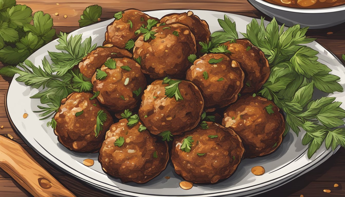 A plate of gluten-free meatballs sits on a rustic wooden table, surrounded by fresh herbs and spices. The meatballs are golden brown and glistening with savory sauce, promising a burst of flavor and tender texture