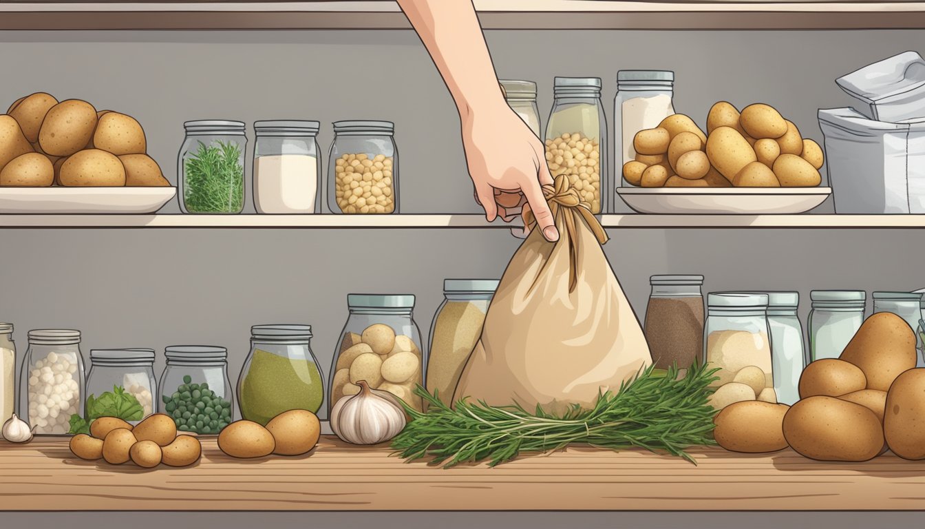 A hand reaching for a bag of gluten-free potatoes on a shelf, surrounded by other fresh ingredients like garlic, herbs, and dairy products