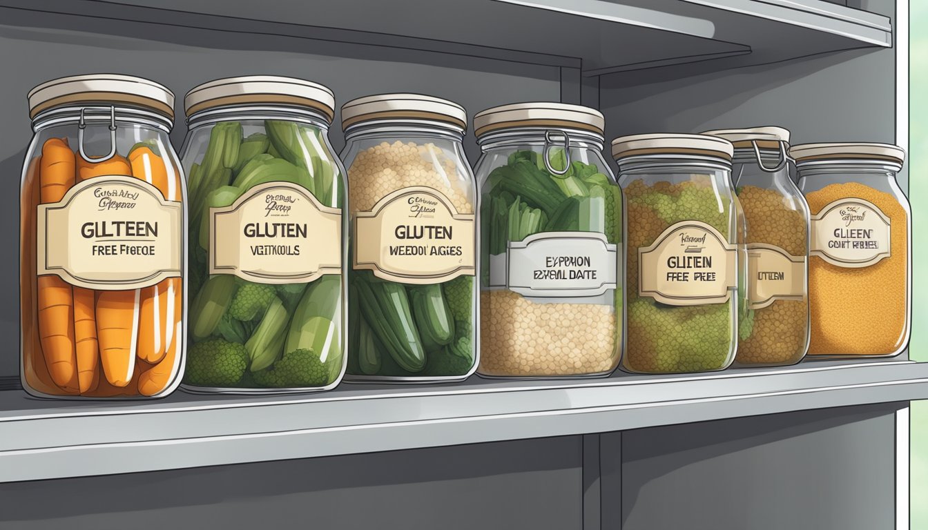 A pantry shelf with labeled jars of gluten-free mixed vegetables, showing expiration dates and proper storage conditions