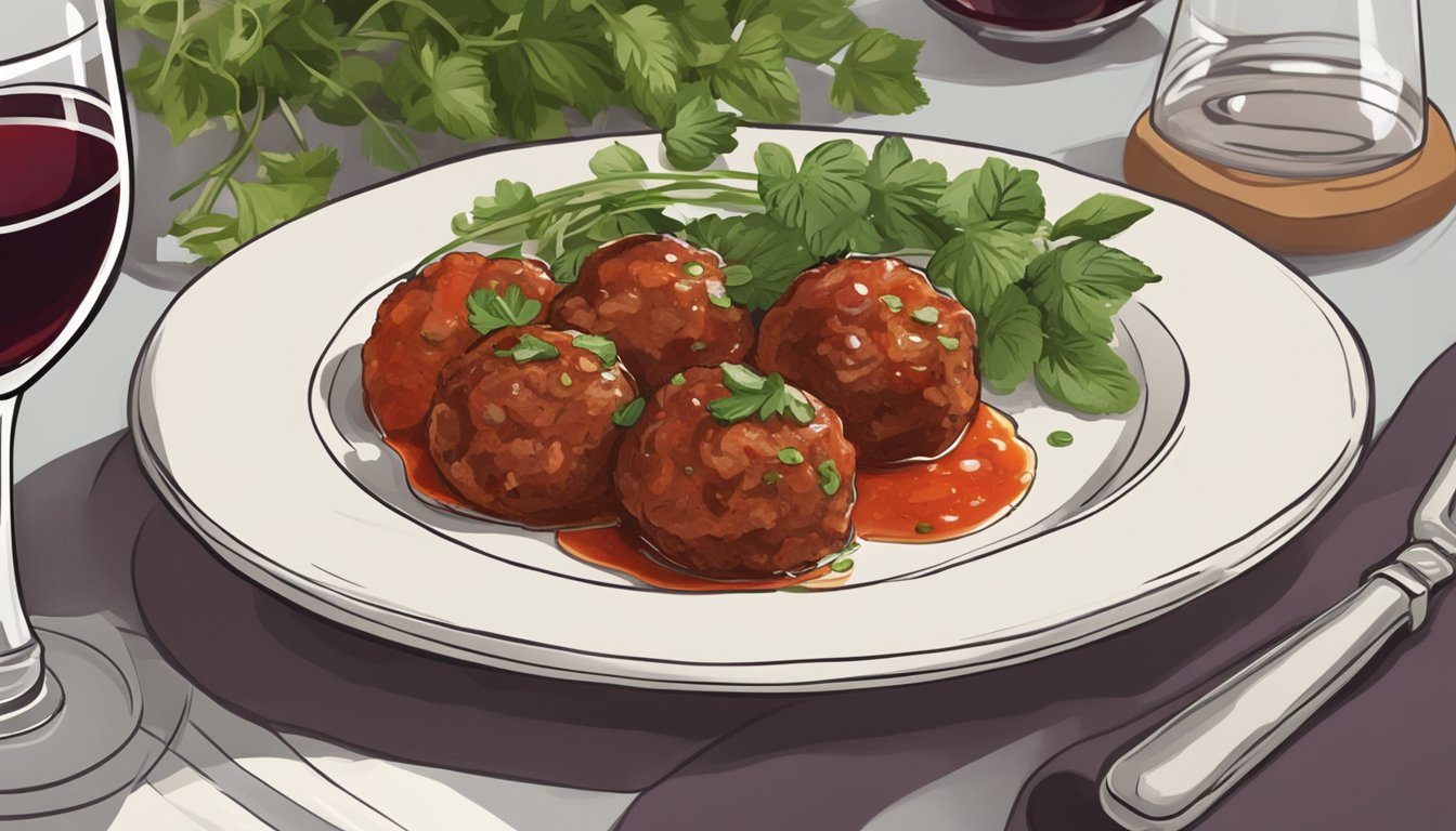 A plate of gluten-free meatballs with a side of marinara sauce, garnished with fresh herbs, and a glass of red wine beside it