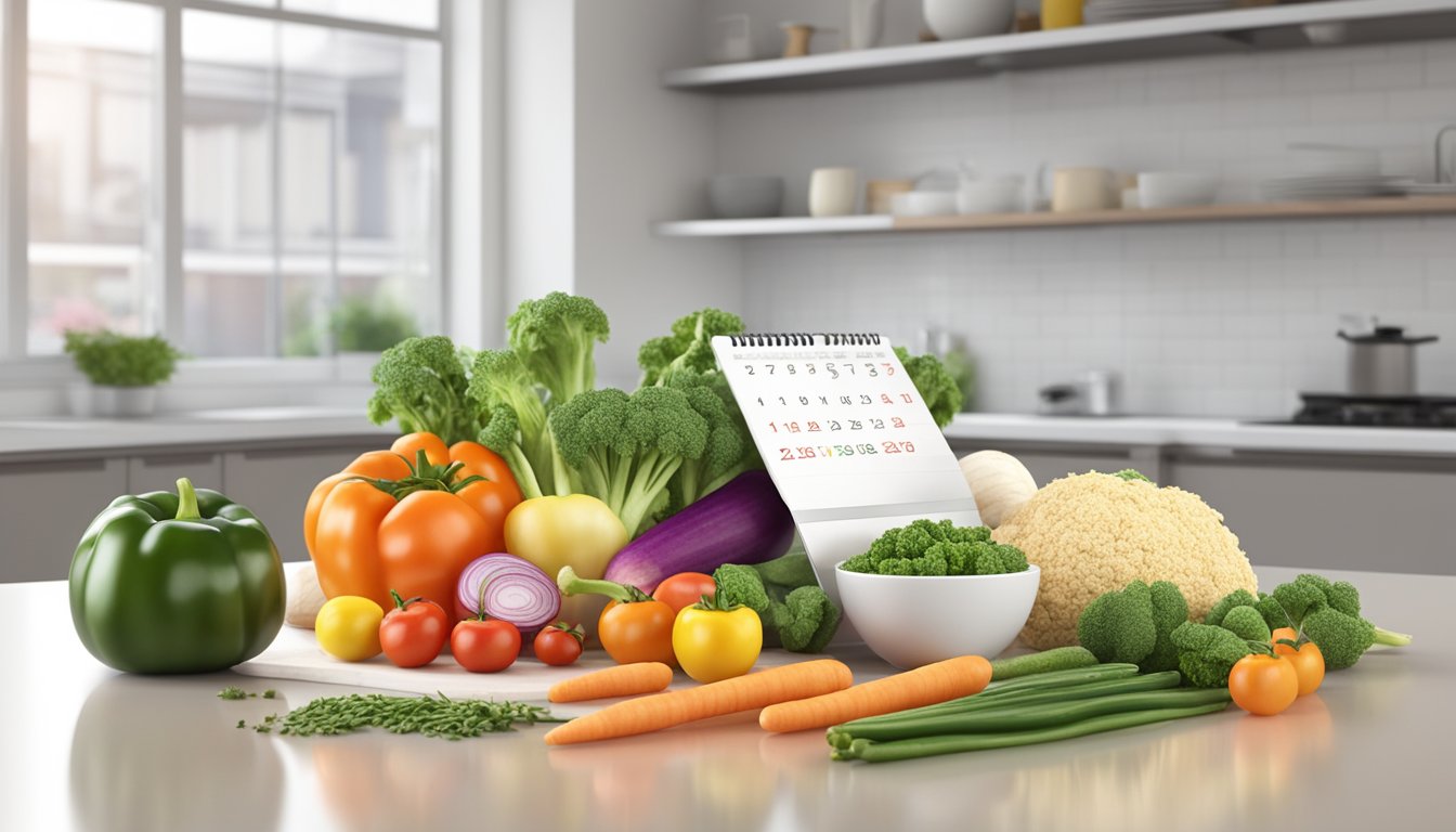 A colorful array of fresh, gluten-free mixed vegetables arranged on a clean, white kitchen counter, with a calendar and a clock nearby